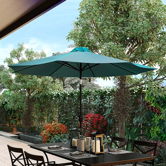 EMMA + OLIVER 9' Teal Outdoor Patio Umbrella With Easy To Use Crank And Tilt Function - Round Patio Table Umbrella with 1.5" Diameter Steel Pole