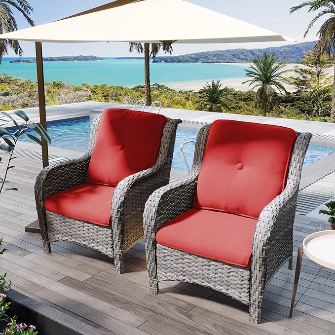 Outdoor Wicker Chair Rattan Patio Dining Chairs Set of 6 PE Wicker Patio Chairs with 4 inch Seat Cushions Patio Seating Chair for Garden, Backyard Swimming Pool, Balcony, Red
