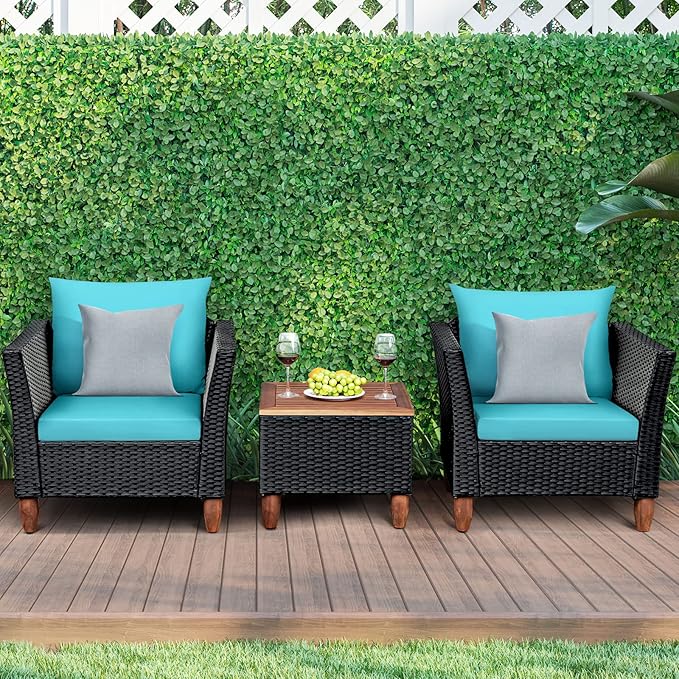 COSTWAY 3 Pieces Patio Rattan Furniture Set, Outdoor Wicker Conversation Chairs Set with Acacia Wood Coffee Table & Washable Cushion, Porch Furniture Bistro Set for Balcony, Garden Backyard, Turquoise