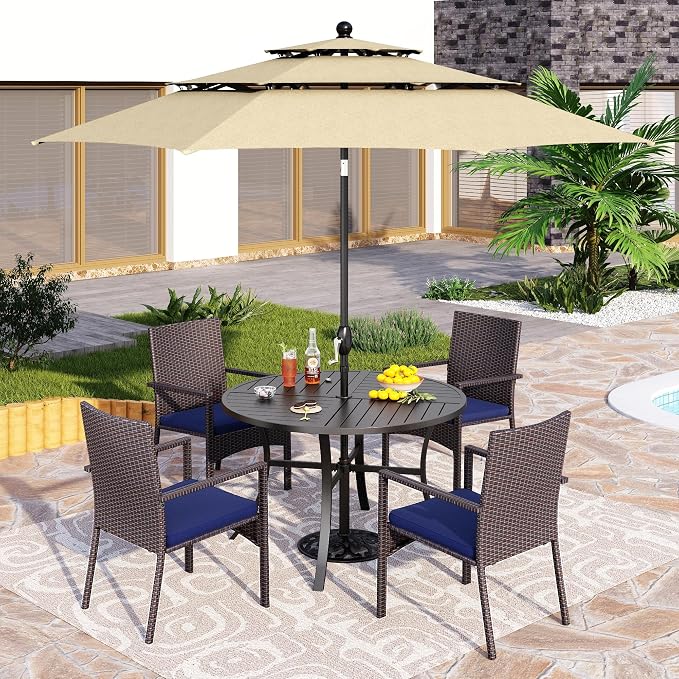 PHI VILLA 5pc Patio Dining Set with Umbrella, Round Table, Rattan Chairs | Includes 42" Round Metal Table, 4 Cushioned Rattan Chairs and 10ft Beige umbrella. Perfect for patio, deck, yard, or porch