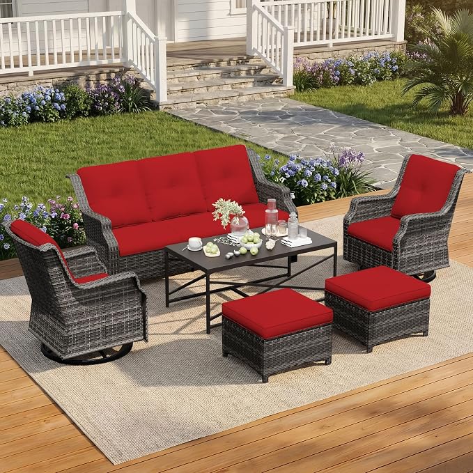 6 Pieces Patio Furniture Set, Outdoor Furniture Set with 2 Patio Swivel Rocking Chairs, 2 Ottoman, 1 Outdoor Wicker Sofa, 1 Metal Table, Ideal for Backyard, Garden, Poolside, Red