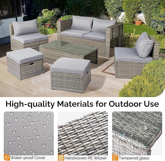 VINGLI 6 Pieces Wicker Patio Furniture Set, Outdoor Sectional Furniture Patio Conversation Set Space-Saving Design with Ottomans and Coffee Table for Garden,Poolside, Backyard(Grey)