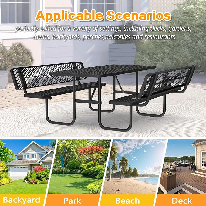 72'' Heavy Duty Outdoor Picnic Table with Backrest - Commercial Grade Rectangular Steel Picnic Table Set, Umbrella Hole, Rust-Resistant Metal Mesh Tabletop for Patio, Garden, Park, BBQ - Black