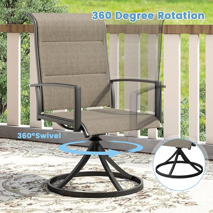 DIFY 5 Piece Outdoor Dining Set, Metal Patio Table and Chairs Set, 40.6" Walnut Round Dining Table & 4 Brown Padded Textilene Swivel Patio Chairs, Outdoor Furniture Set for Garden Backyard Porch