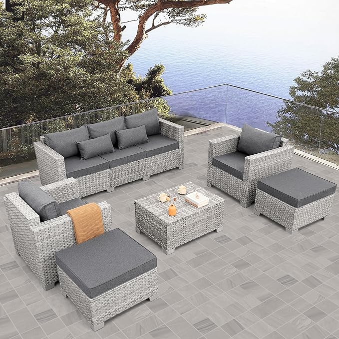 WAROOM Patio Furniture Set 6 Piece PE Rattan Outdoor Conversation Sets Grey Wicker Couch Sectional Sofa with Storage Coffee Table and Grey Cushion