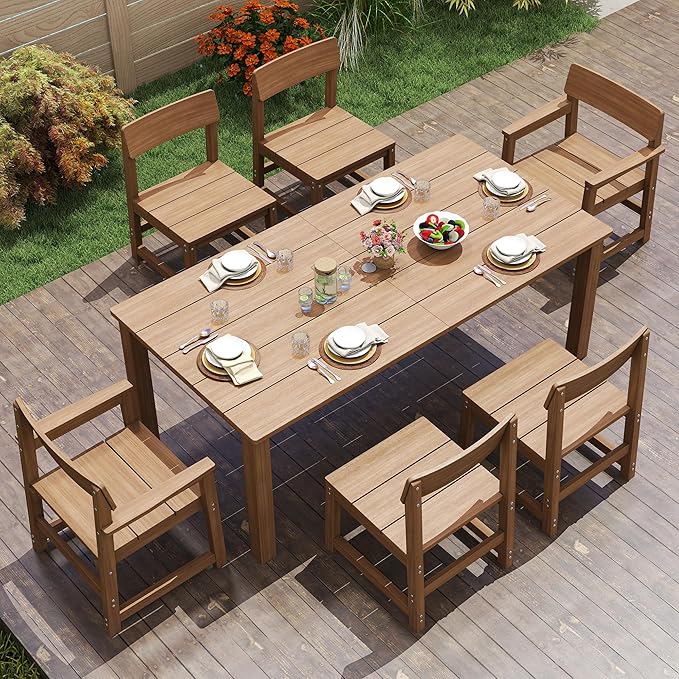 Jocoevol 7 Piece Outdoor Patio Dining Set HIPS Outdoor Table and Chairs for 6 All-Weather Patio Furniture Set with Umbrella Hole for Backyard Poolside Garden, Wooden Color