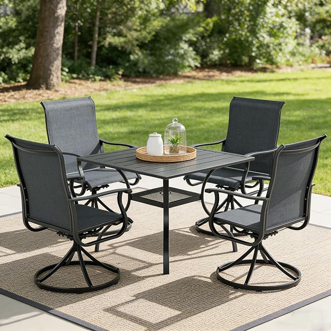 SUNCROWN 5-Piece Outdoor Patio Dining Set, All Weather Square Metal Table & 4 Black Swivel Textilene Mesh Chairs, Weather Resistant Patio Furniture for Deck Lawn Garden Backyard Poolside