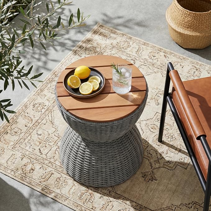 Christopher Knight Home Denhill 15.25" Outdoor Side Table, Round Patio End Table with Wood Top and Wicker Base, Small Outdoor Coffee Table for Balcony Garden, Accent Garden Stool, Grey+Natural