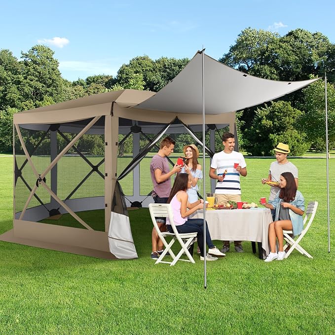 COBIZI 12x12 FT Pop Up Canopy Extendable Tent, Gazebos On Clearance with Removable Roof,Screened in Gazebo,Screen Tents Portable carpas para Patio for Outdoor Camping,Backyard, Garden,Khaki(Upgraded)