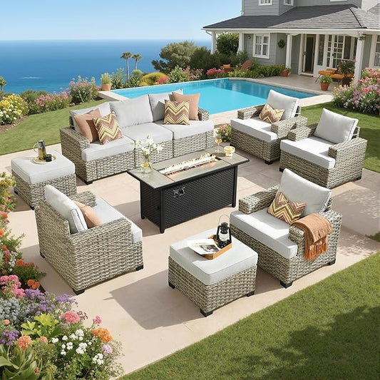 Rattan Patio Furniture Set with Fire Pit,10 Pieces Outdoor Sectional with Single Chair Ottoman,Out Door Furniture Conversation Set,Light Grey