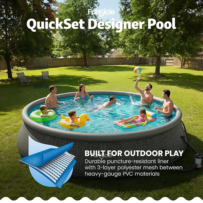 Funsicle Quickset Designer 18' x 48" Round Above Ground Swimming Pool, with FiltraBoost 1200 GPH Filter Pump, Ladder, Type C Filter Cartridge & Repair Patch, Dark Herringbone