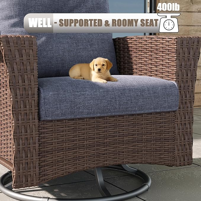 LayinSun 7 Piece Wicker Patio Furniture Set with Fire Pit Table, Classis Outdoor Conversation 360 Degree Swivel Chairs Set with Coffee Table