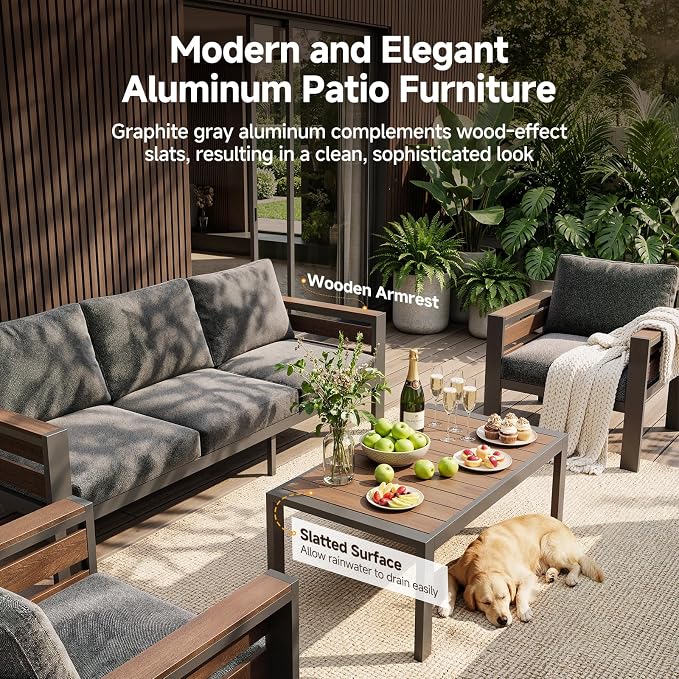 Outdoor Aluminum Patio Furniture Set, 4 Seat 4 Pieces Patio Conversation Sets with 28D Thick Washable Cushions and Coffee Table, Oversized Metal Sectional Sofa Set for Backyard Porch Deck Dalcony