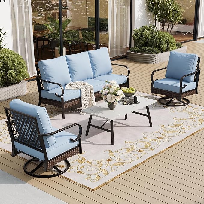 4 PCS Metal Outdoor Patio Furniture Set, Patio Conversation Sets 1 3-Seater Sofa, 2 Swivel Chairs with 5.75" Extra Thick Cushion & Coffee Table, Black Frame Backyard Furniture, Blue