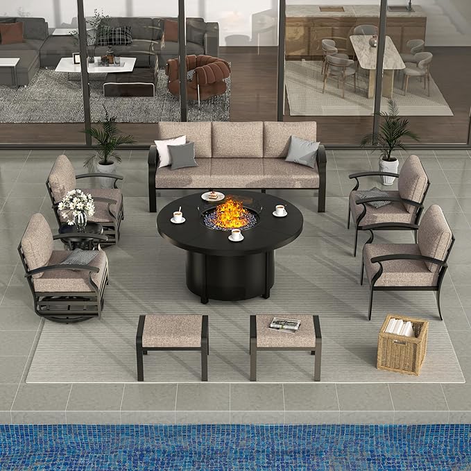 ALAULM Aluminum Patio Furniture Set with Round Propane Fire Pit Table 9-seat Metal Outdoor Furniture w/Swivel Chairs & 2 Ottomans Patio Sectional Sofas for Porch, Lawn, Poolside（Sand