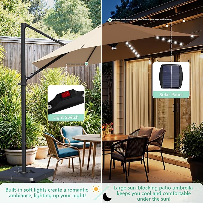 Greesum 10FT Outdoor Patio Umbrella with High Pedel and 4 Gear Heights, Large Offset Umbrella with Solar LED Lights and 360-degree Rotation, Without Base, Hanging Outdoor Shade for Garden, Brown