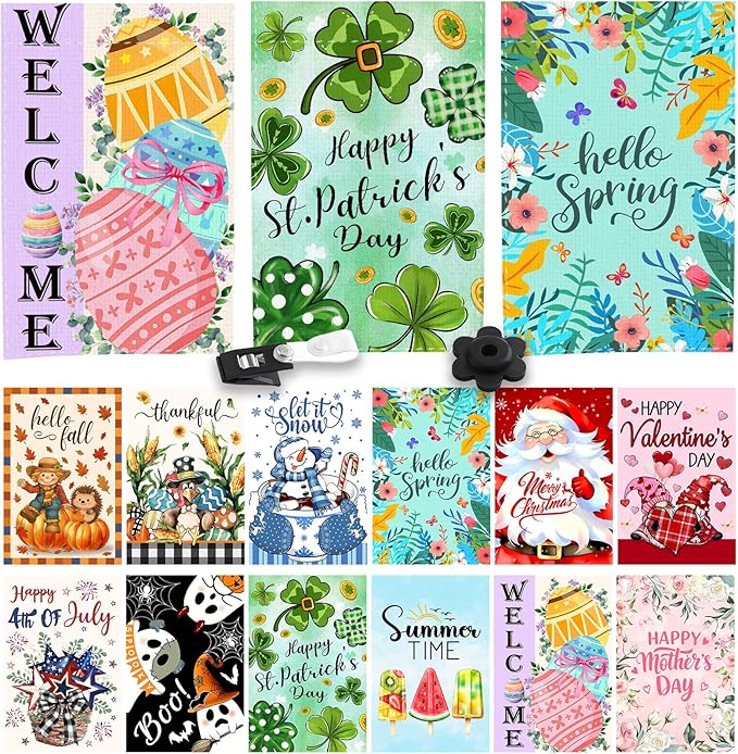 Seasonal Garden Flags Set of 12, Double Sided 12 x 18 Inch, Easter Garden Flags for Outside, Christmas Halloween Small Yard Flags for Outside, Seasonal Decorative Flags for Outdoor Festival