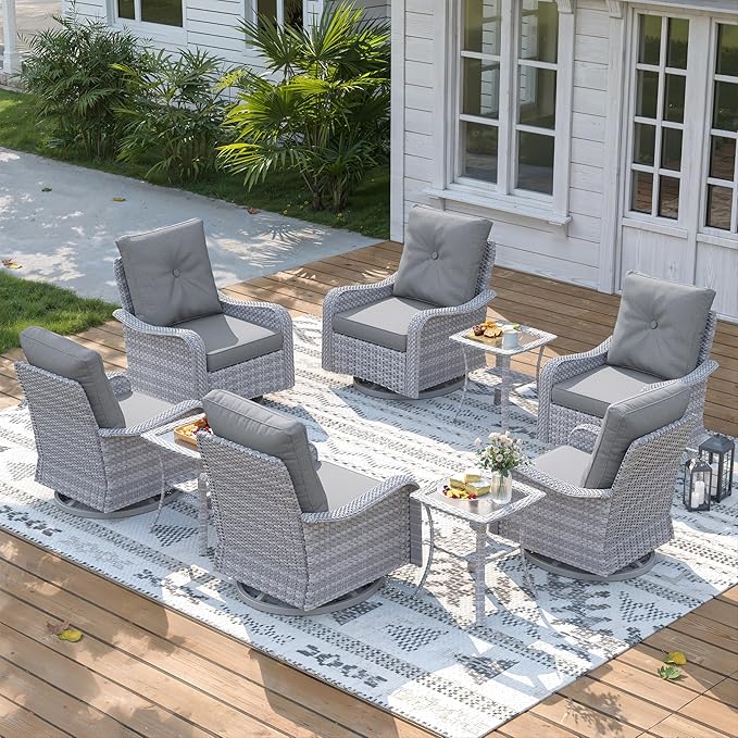 9 Piece Wicker Patio Furniture Set, Swivel Rocking Chairs with 4''Cushions, PE Rattan, Rust Resistant Frame, Double Layer Glass Side Table, for Backyard, Deck or Balcony, Grey