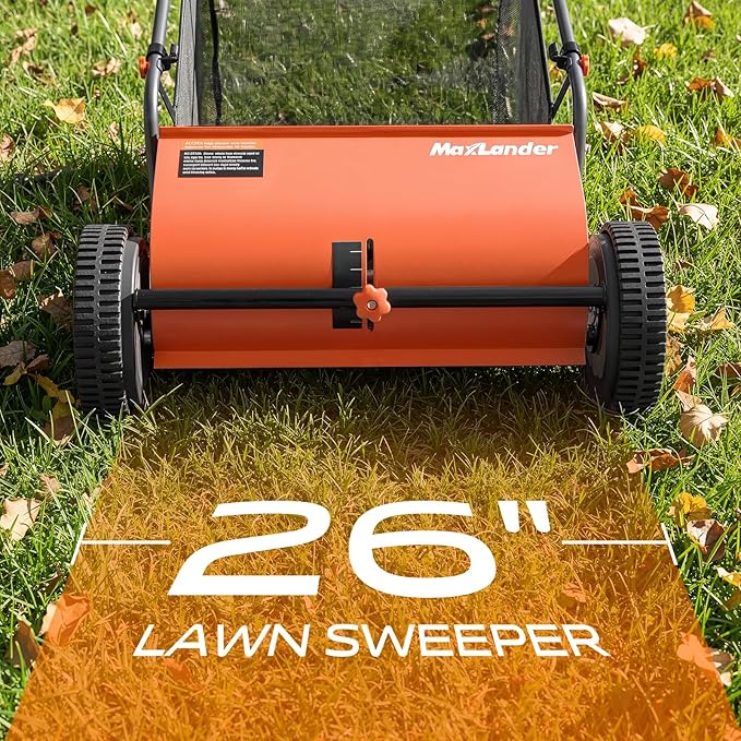 26-Inch Push Lawn Sweeper with 7 Cu.Ft. Hopper Bag, Adjustable Brush Height & 4 Spinning Brushes, Heavy Duty Leaf & Grass Collector with Durable Rubber Wheels for Yard Cleanup