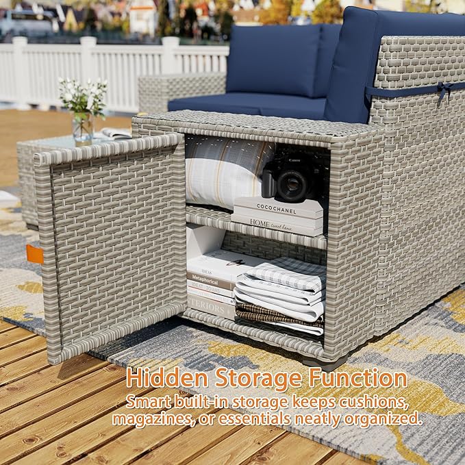 6 Piece Patio Furniture Set, 8" Wide Arm Sectional Sofa Set with Coffee Table, High-Back All-Weather Rattan Outdoor Conversation Set for Garden, Porch, Lawn, Blue