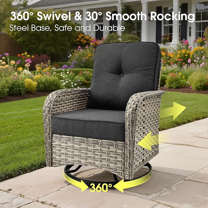 Rattan Patio Furniture Set with Swivel Chairs,6 Pieces Outdoor Sectional with Glowing Coffee Table,Out Door Furniture Conversation Set,Black