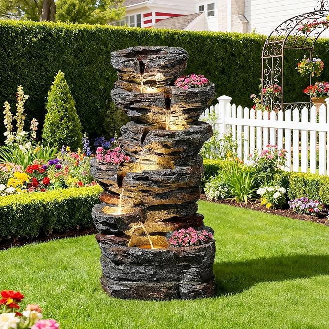 32.7" Outdoor Fountain with 3 Planter Slots, 6-Tier Modern Cascading Rock Waterfall Fountain with 3000K Warm LED Lights & Pebbles for Garden, Patio, Backyard, Deck and Home Decor