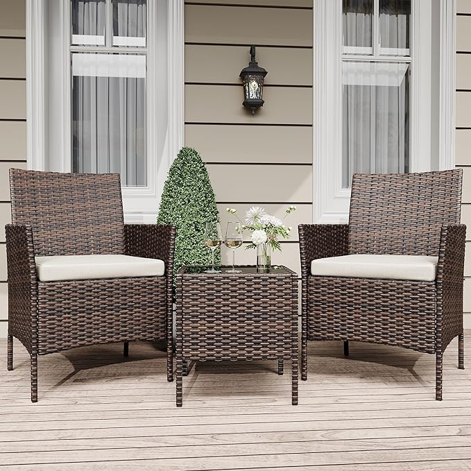 Patio Furniture Set 3 Pieces,Outdoor Patio Conversation Sets, PE Rattan Wicker Furniture Sets with 2 Chairs,Soft Cushion and 1 Coffee Table, Bistro Set of 2 for Backyard Balcony Porch Apartments,Brown