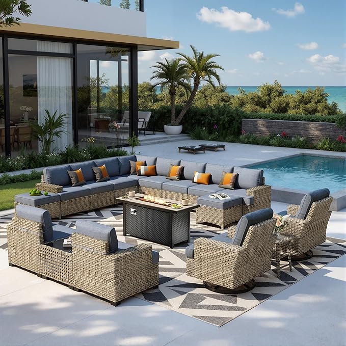 HOOOWOOO Sectional Patio Furniture Set with Fire Pit Table,17 Pieces Wicker Outdoor Furniture L Shaped Couch,Outside Conversation Set Extra Deep Sofa Wide Arm Swivel Chairs Ottoman Light,Denim Blue