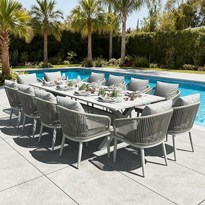LayinSun 13 Pieces Outdoor Patio Dining Set, Aluminium Rectangular Dining Table and Wicker Rattan Chairs Set for Outside Backyard, Poolside