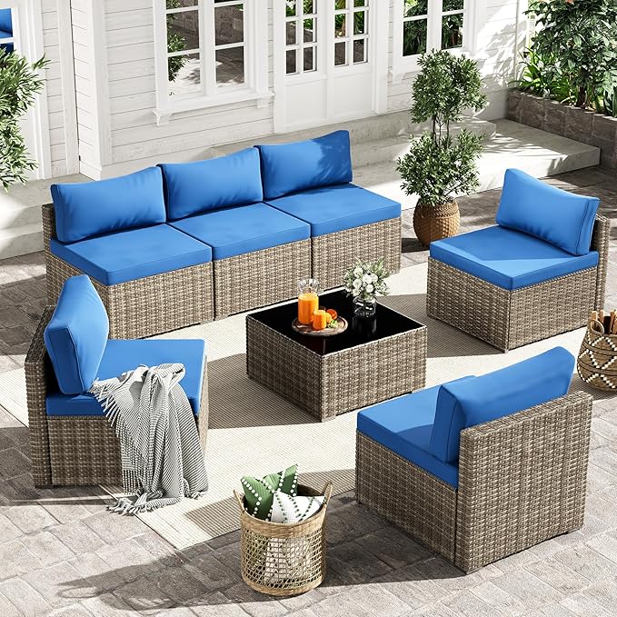 7 Piece Patio Furniture Set, Outdoor Wicker Patio Sofa Set, PE Rattan Sectional Couch with Glass Table and Blue Cushions, All-Weather 7 Piece Outdoor Patio Furniture Sets, Grey