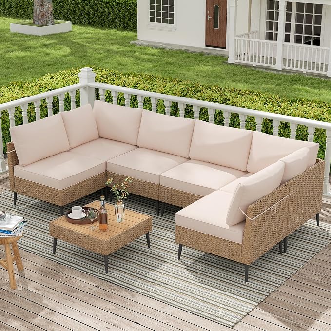 7-Piece Patio Furniture Set,Outdoor Wicker Patio Conversation Set | Waterproof Cushion, For Garden, Balcony, Porch & Courtyard, Modular Conversation Set Sectional Sofa, Coffee Table