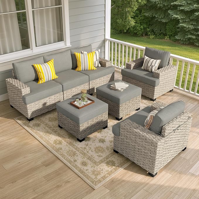 Weaxty 7 Pieces Outdoor Furniture Set, Patio Sectional Sofa Wide Seats Couch Chair with Ottoman, Thick Cushion All-Weather Rattan Patio Conversation Sets for Backyard Porch Balcony, Dark Gray