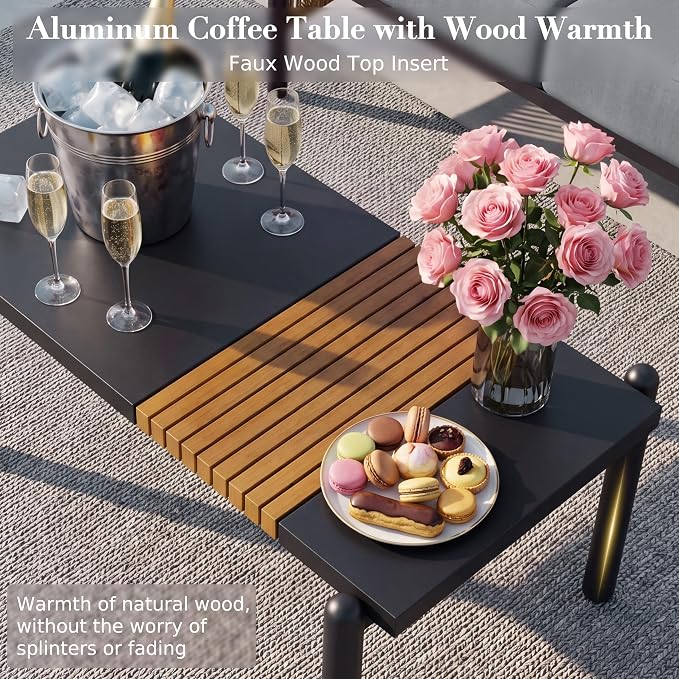 Aluminum Patio Furniture Set, 4 Seats Outdoor Patio Furniture with Coffee Table, Outdoor Wicker Conversation Sets with Cushion for Backyard, Balcony,Porch,Dark Grey