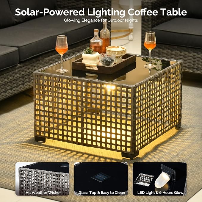 4 Piece Wicker Patio Furniture Set with Solar Table, Black | Outdoor Deep Seating Sofa Chair, Solar Lights Table, All Weather Rattan, Modern Conversation Set, Porch Deck Backyard