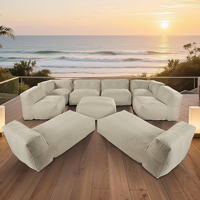 Patio Furniture Set, Outdoor Conversation Set with Bean Bag Middle Chairs, Corner Chair, Ottomans, Modern Foam Couch Set for Garden, Deck, Balcony (9, Light Beige)