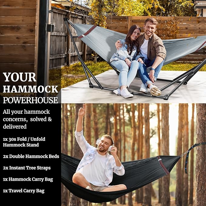 Tranquillo Combo x2 Hammocks with Stand for Outside & Tree Straps, Heavy Duty Hammock with Stand 600lbs for Indoor Outdoor Patio Backyard, x2 Hammocks for 2 Person (Combo - Grey, Medium)