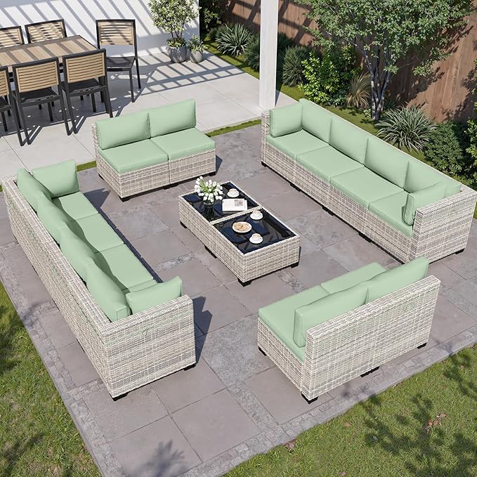 14-Piece Outdoor Patio Furniture Set, PE Wicker Rattan Sectional Sofa Conversation Set with Tempered Glass Table & Thick Cushions - All-Weather Garden, Backyard Furniture, Light Green