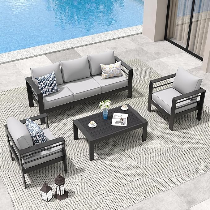 Amopatio Aluminum Patio Furniture Set, 6 Pieces Modern Patio Conversation Sets, Outdoor Sectional Metal Sofa with Coffee Table for Balcony, Garden (Included Waterproof Covers)