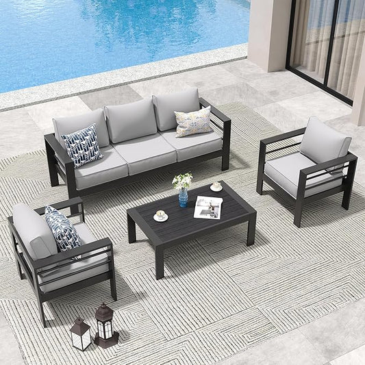 Amopatio Aluminum Patio Furniture Set, 6 Pieces Modern Patio Conversation Sets, Outdoor Sectional Metal Sofa with Coffee Table for Balcony, Garden (Included Waterproof Covers)