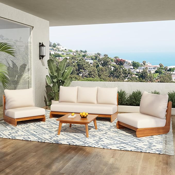 Christopher Knight Home Poppy 3 Piece Patio Conversation Set with Cushion, Acacia Wood 5 Seater Outdoor Sofa Chat Set, Wooden Patio Sectional Sofa Set with Club Chair, Teak+Beige
