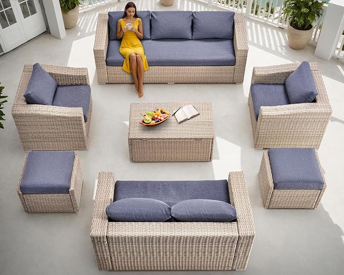 AMERLIFE 10-Piece Wicker Patio Furniture Set, Rattan Sectional Sofa with Storage Coffee Table & 2 Ottomans, All-Weather Outdoor Conversation Set for Backyard, Deck, Grey