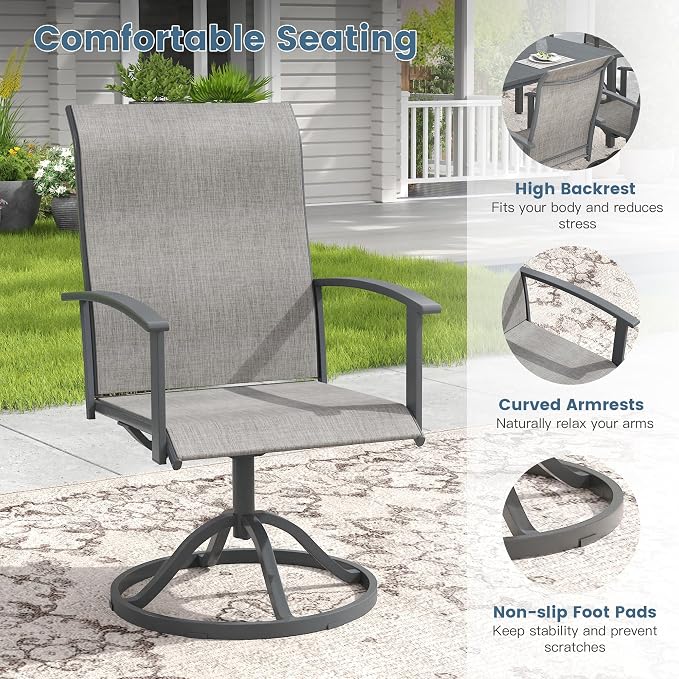 DIFY 5 Pieces Outdoor Dining Set, Metal Patio Table and Chairs Set for 4 with Umbrella Hole, 40.2" Square Outdoor Table and Textilene Swivel Patio Chairs for Garden, Backyard, Poolside, Grey