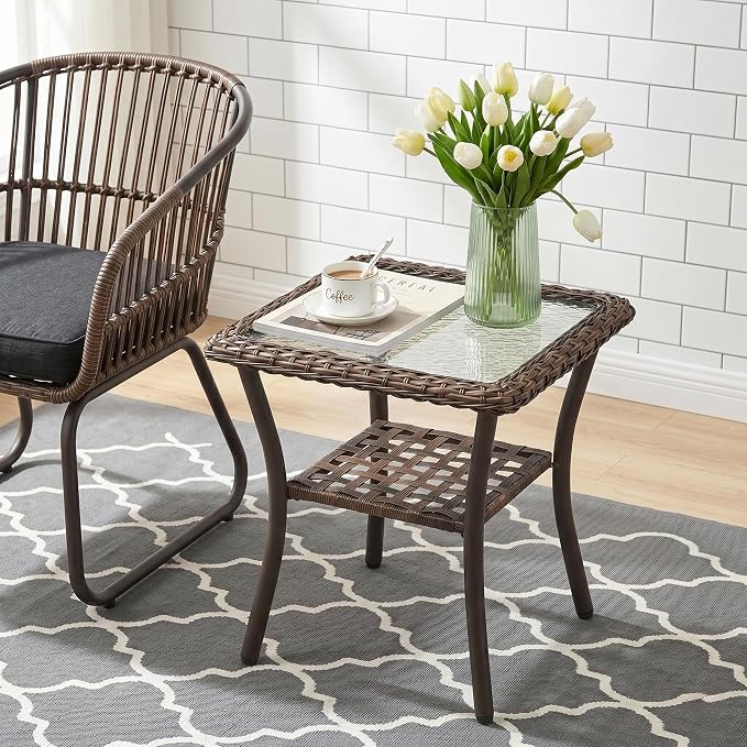 Square 20" Outdoor Wicker Side Table, 2-Tier Rattan Patio End Table with Tempered Glass Top, All Weather Brown Coffee Table for Deck Balcony Porch