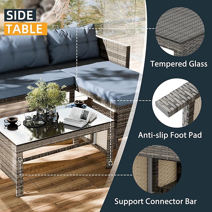 SUNLEI 3-Piece Wicker Patio Conversation Furniture Set, Patio Corner Sofa with Outdoor PE Rattan, Includes Loveseat Sofa Sectional, White Couch and Coffee Table(Silver Rattan/Ashy Blue, 3 PCS Sofa)