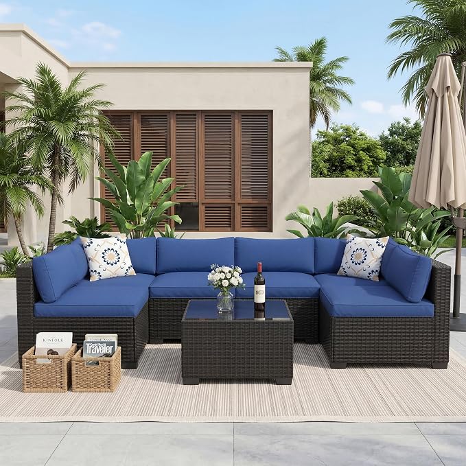 Litake 7 Piece Patio Furniture Sets, Iron Frame with Gradient Wicker, Soft Cushions, Modular Outdoor Conversation Furniture for Garden, Backyard & Patio