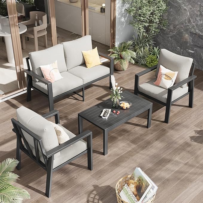 4-Piece Aluminum Patio Conversation Sets All-Weather Sectional Outdoor Furniture Set with Coffee Table & Cushions with Removable Covers for for Backyard, Garden and Poolside Easy Assembly(Beige)