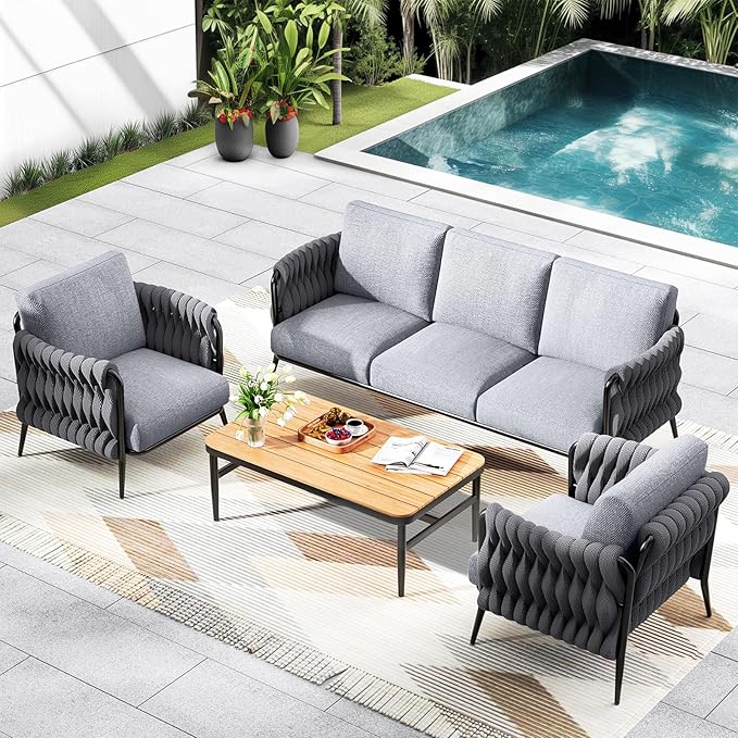 Patio Furniture Set, 5-Seat Outdoor Sofa Furniture Deep Seating with Coffee Table, Metal Patio Conversation Sets with Waterproof & Extra-Thick Cushions for Garden, Poolside, Backyard
