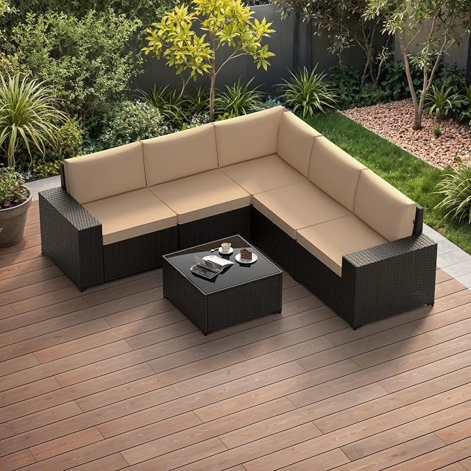 Patio Furniture Set, 6PCS Outdoor Sectional with Ottoman Wicker Rattan Patio Couch with Thickened Cushion Modular Wicker Patio Conversation Set with Glass Top Table for Balcony, Backyard(Kakhi)