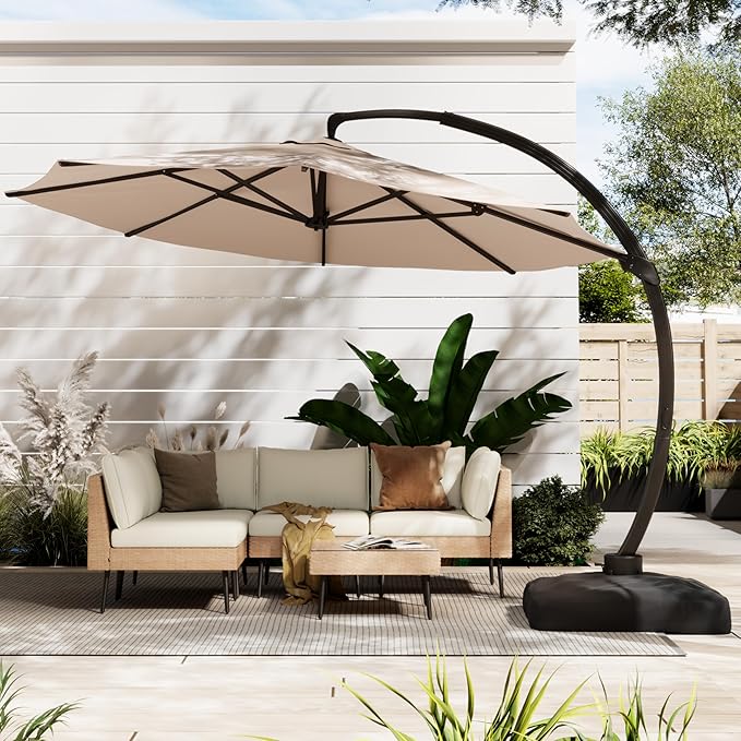 ENSTVER 12FT Cantilever Patio Umbrella With Base Included, Round Large Aluminum Outdoor Cantilever, Heavy Duty Offset Umbrella with 360°Rotation for Pool, Deck, Backyard, Garden(Champagne)
