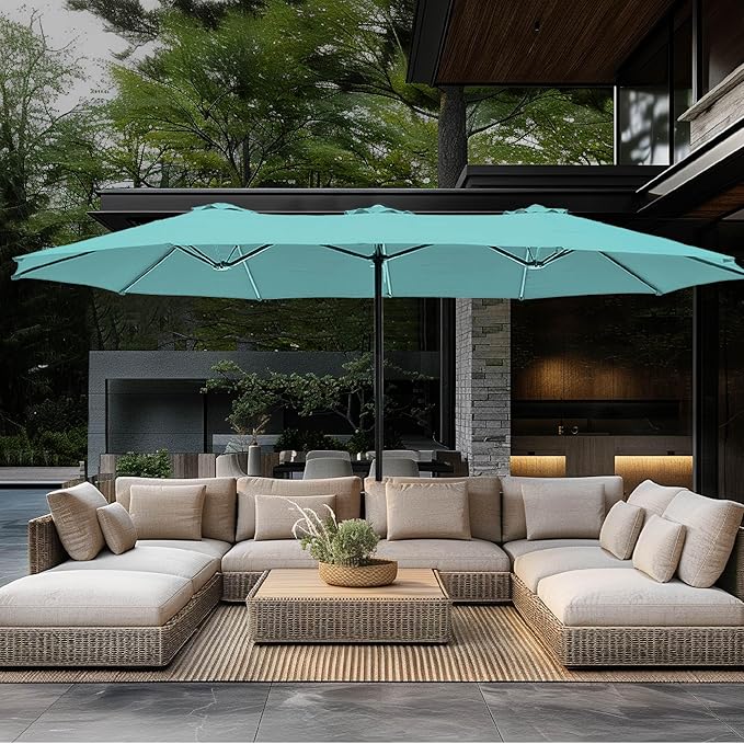 GREEN PARTY 15 ft Rectangular Patio Umbrella with Base Included, Large Double-Sided Outdoor Table Umbrella with Crank, 1.9" Pole UPF 50+ UV Resistant for Pool Deck Backyard Garden, Turquoise